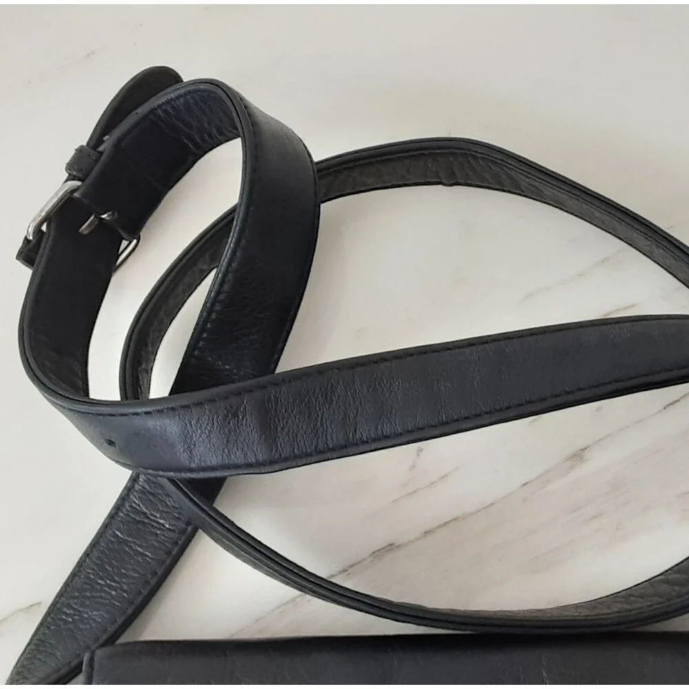 ANNE KLEIN II Logo Black Leather Fold-Over Flap Shoulder Crossbody Bag-Vtg 90's